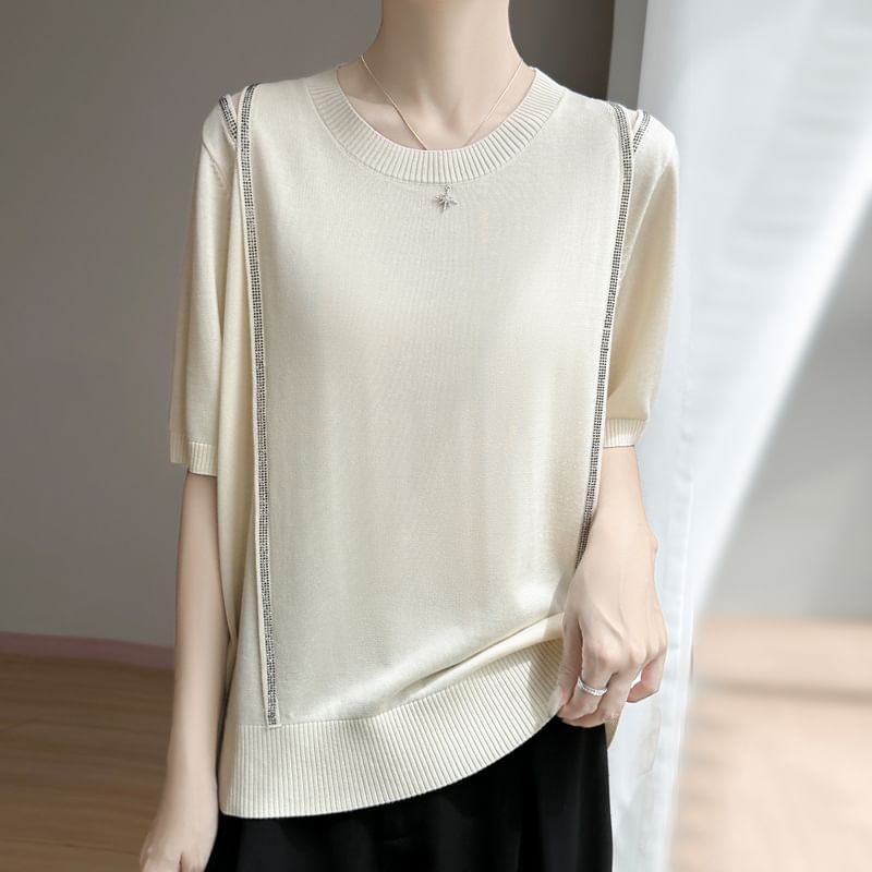 Short-Sleeve Round Neck Rhinestone T-Shirt