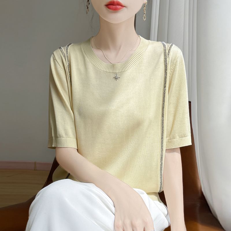 Short-Sleeve Round Neck Rhinestone T-Shirt