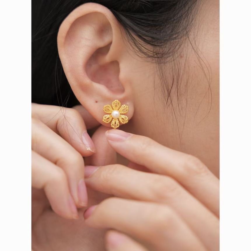 Pearl Floral Alloy Earring Faux Stud