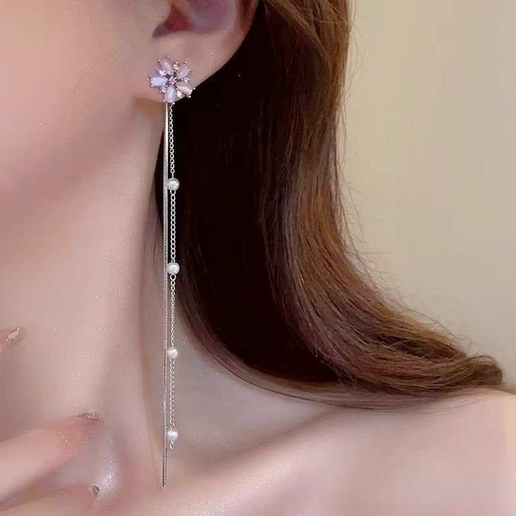 Faux Pearl Earring Gemstone Threader Floral Alloy