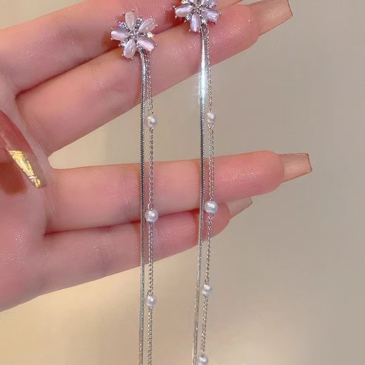 Faux Pearl Earring Gemstone Threader Floral Alloy