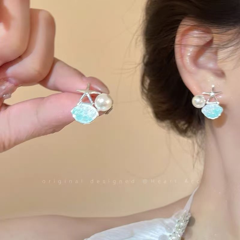 Earring Pearl Stud Faux Alloy Starfish Rhinestone