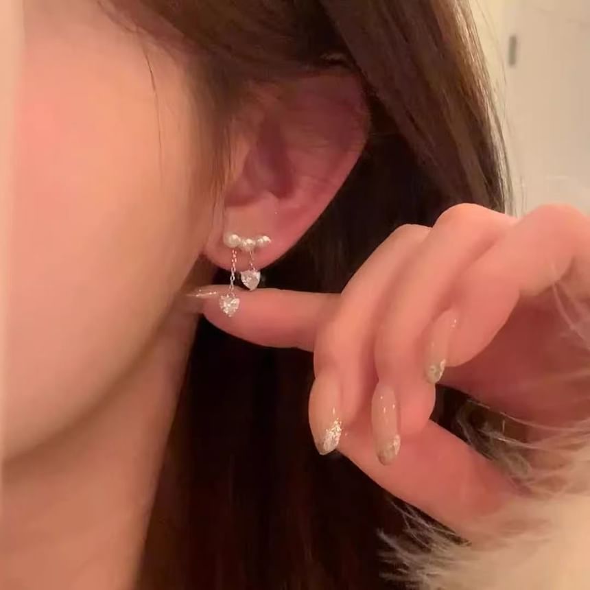 Faux Heart Dangle Earring Rhinestone Alloy Pearl