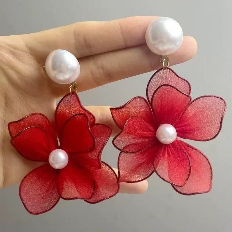 Statement Alloy Mesh Floral Earring Faux Pearl