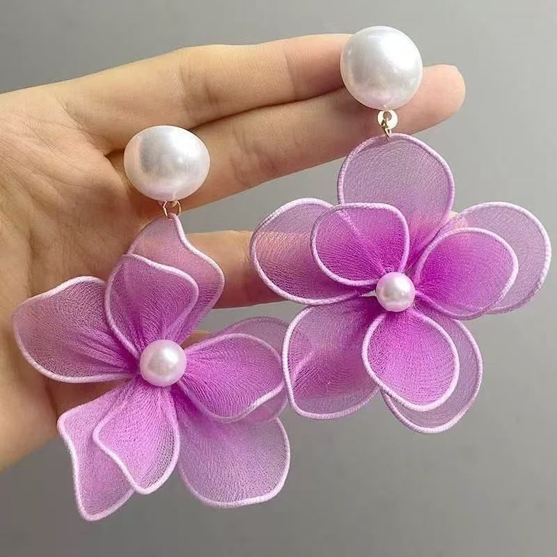 Statement Alloy Mesh Floral Earring Faux Pearl