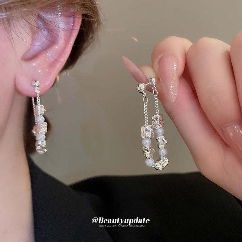 Dangle Hoop Earring Alloy Chain Pearl Faux