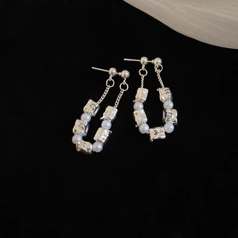 Dangle Hoop Earring Alloy Chain Pearl Faux