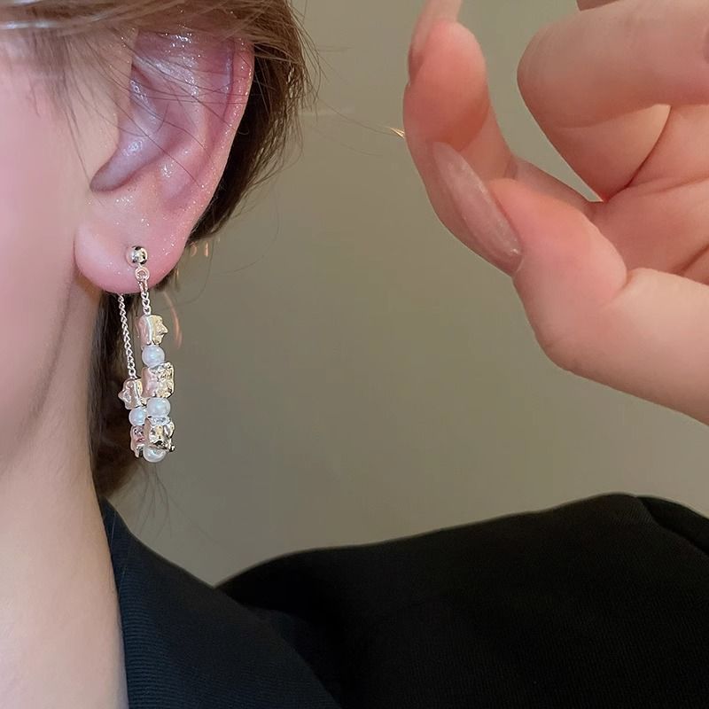 Dangle Hoop Earring Alloy Chain Pearl Faux