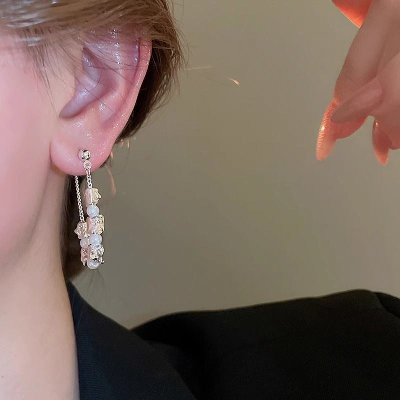 Dangle Hoop Earring Alloy Chain Pearl Faux