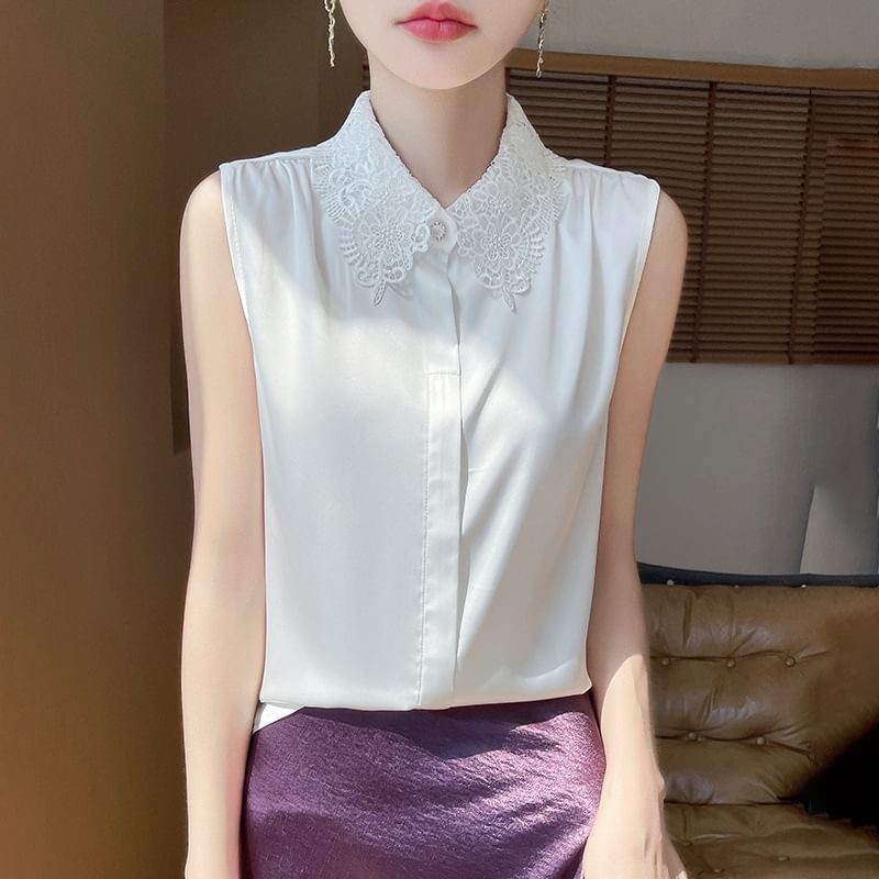 Sleeveless Lace Collar Plain Blouse