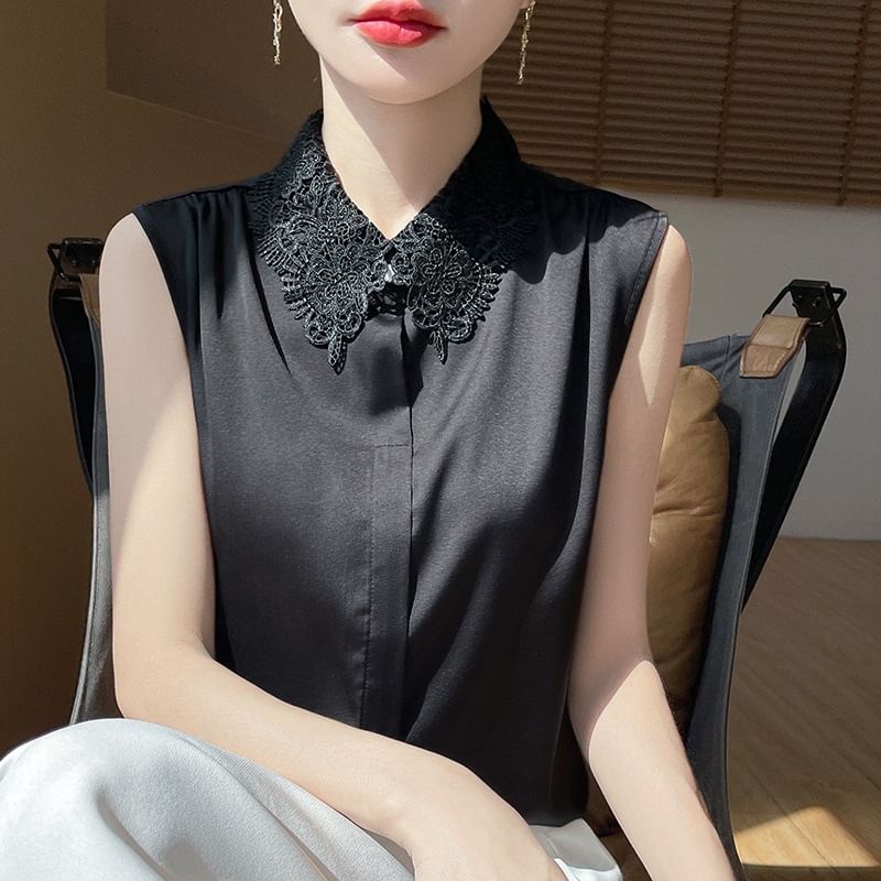 Sleeveless Lace Collar Plain Blouse