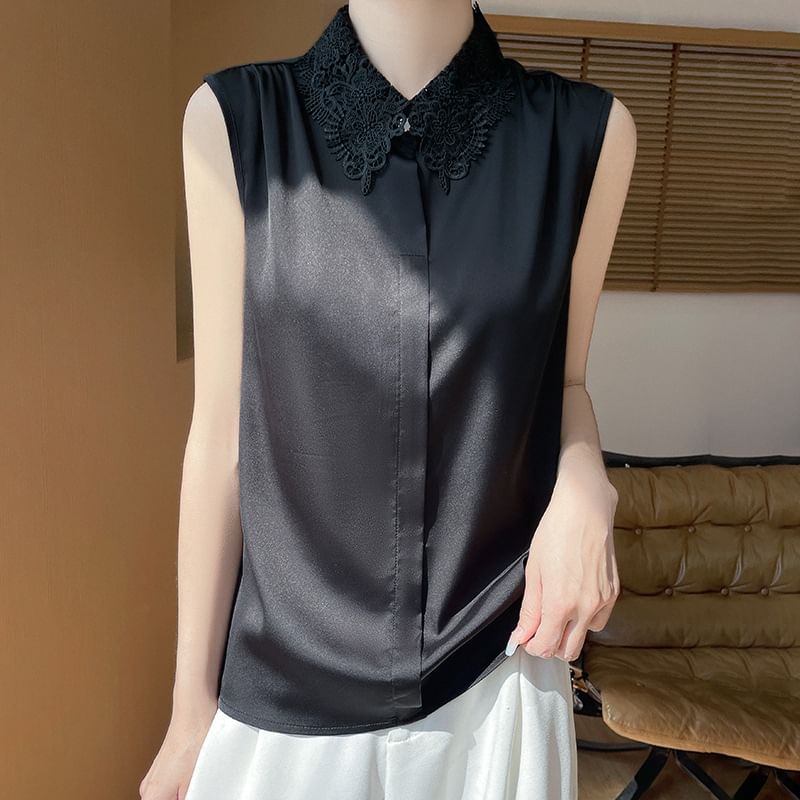 Sleeveless Lace Collar Plain Blouse
