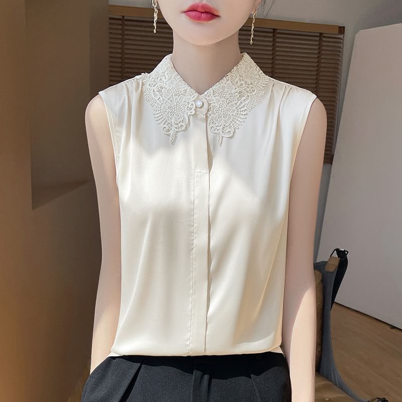 Sleeveless Lace Collar Plain Blouse