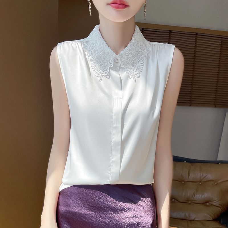 Sleeveless Lace Collar Plain Blouse