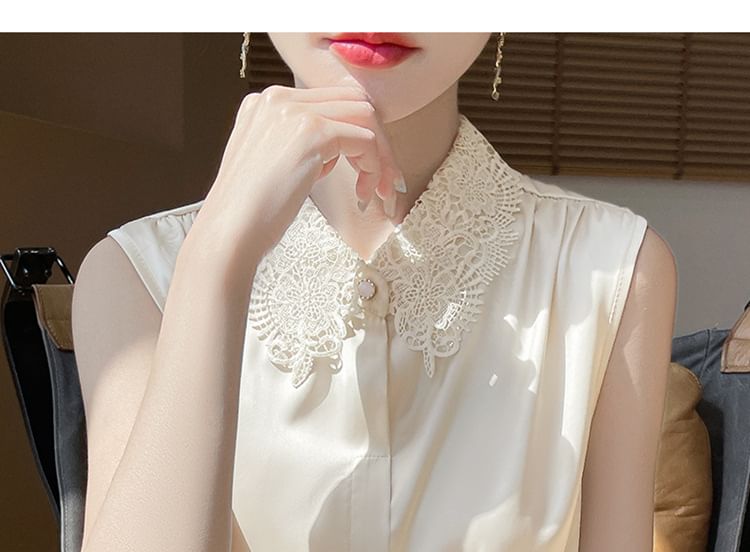 Sleeveless Lace Collar Plain Blouse