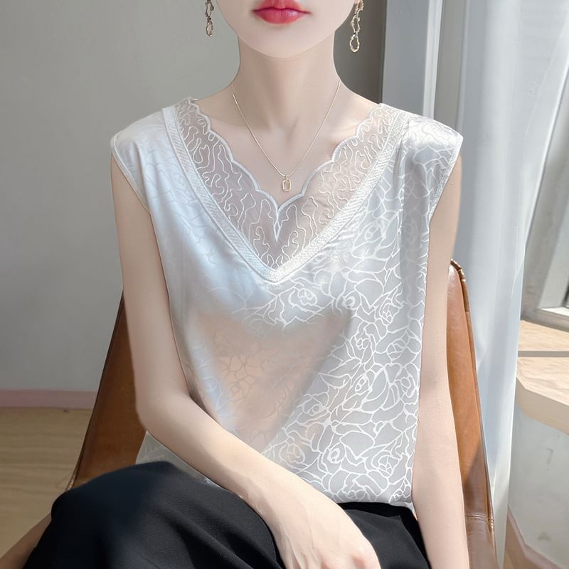 V-Neck Jacquard Mesh Panel Tank Top