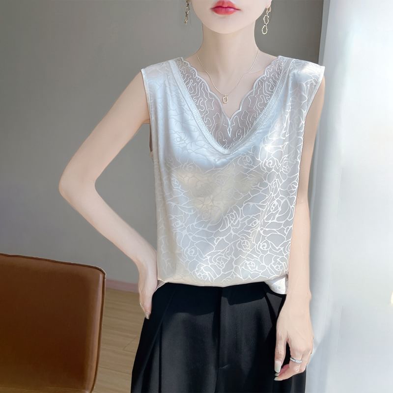 V-Neck Jacquard Mesh Panel Tank Top