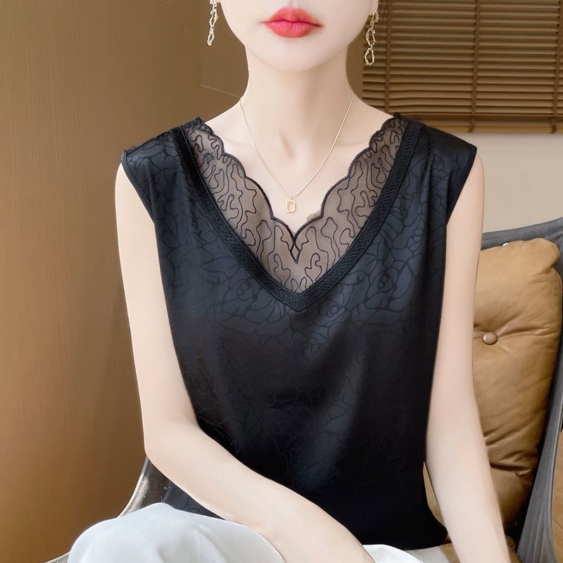 V-Neck Jacquard Mesh Panel Tank Top