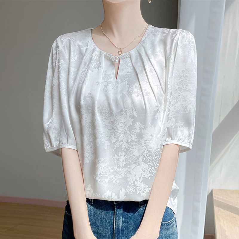 Short-Sleeve Crew Neck Floral Jacquard Faux Pearl Tee