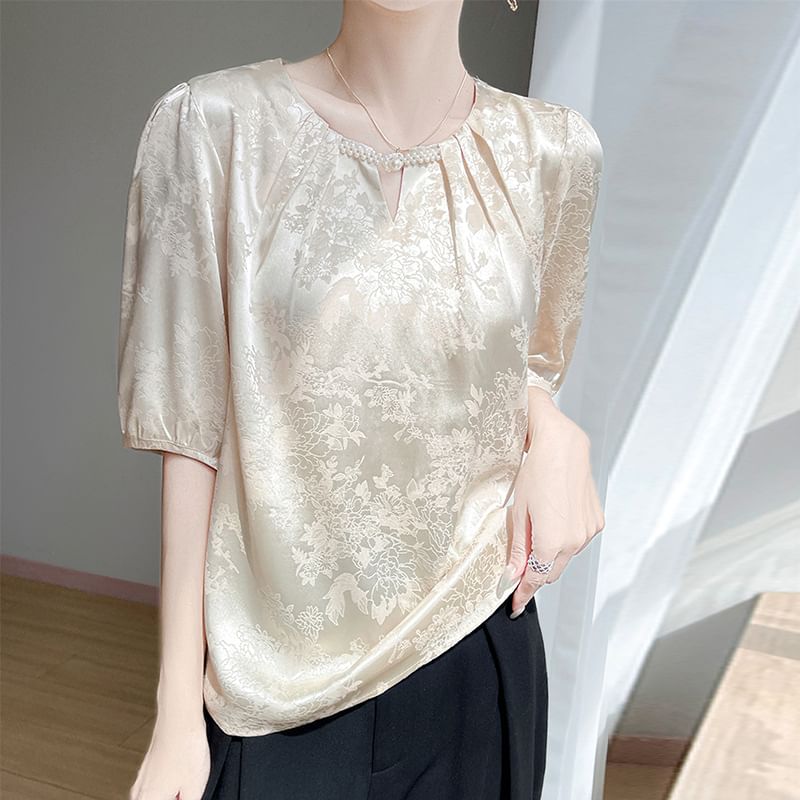 Short-Sleeve Crew Neck Floral Jacquard Faux Pearl Tee