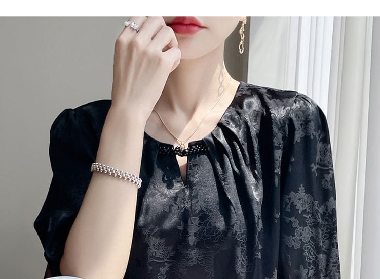 Short-Sleeve Crew Neck Floral Jacquard Faux Pearl Tee