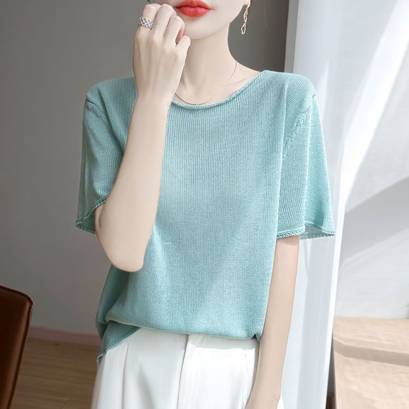 Short-Sleeve Round Neck Plain Knit Top
