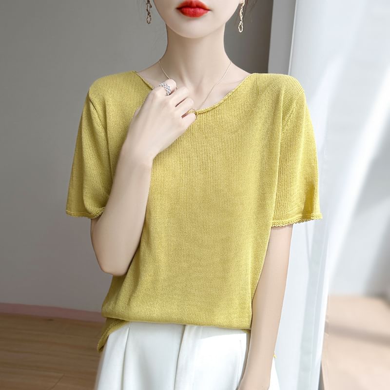 Short-Sleeve Round Neck Plain Knit Top