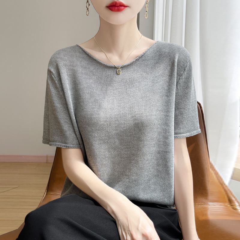 Short-Sleeve Round Neck Plain Knit Top