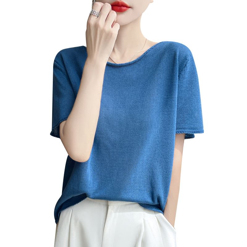 Short-Sleeve Round Neck Plain Knit Top