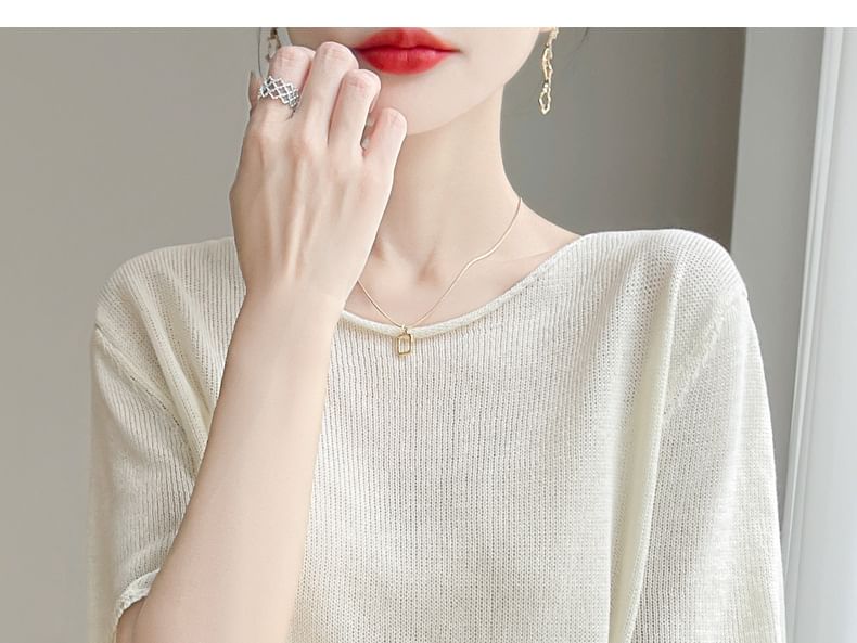 Short-Sleeve Round Neck Plain Knit Top