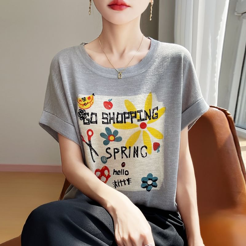 Short-Sleeve Round Neck Lettering Tee