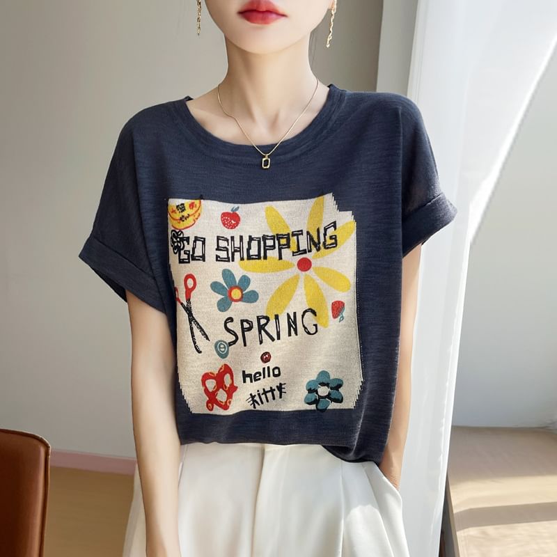 Short-Sleeve Round Neck Lettering Tee