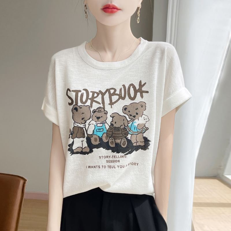 Short-Sleeve Round Neck Bear Print T-Shirt