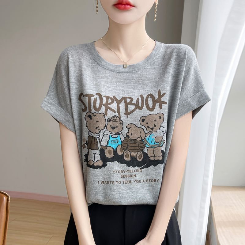 Short-Sleeve Round Neck Bear Print T-Shirt
