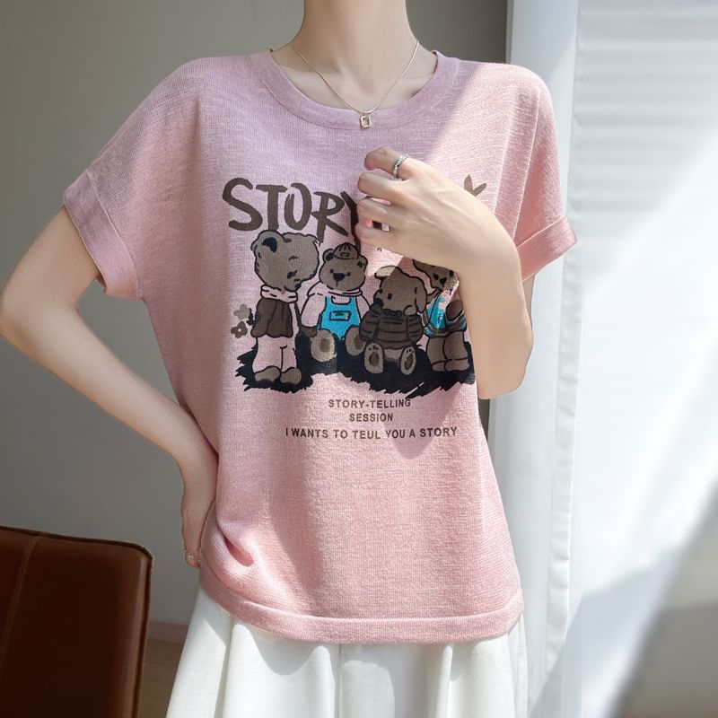 Short-Sleeve Round Neck Bear Print T-Shirt