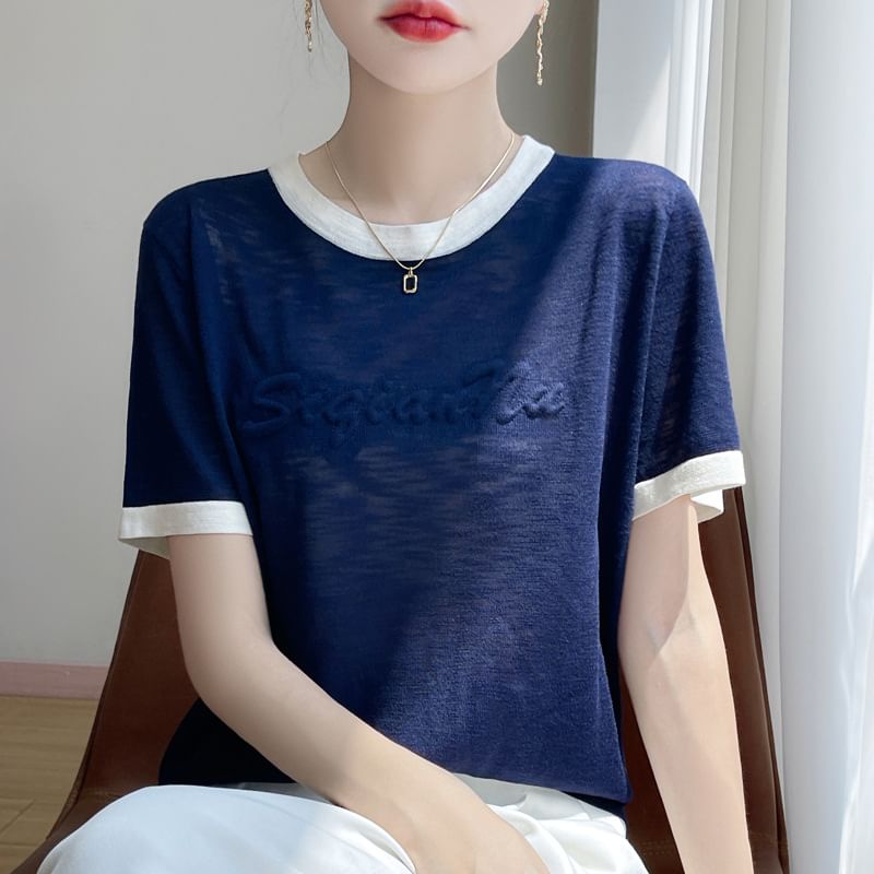 Short-Sleeve Round Neck Lettering Contrast Trim Knit Top