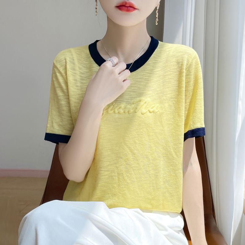 Short-Sleeve Round Neck Lettering Contrast Trim Knit Top