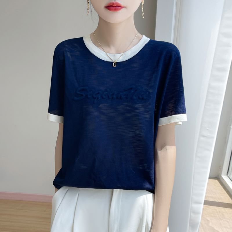 Short-Sleeve Round Neck Lettering Contrast Trim Knit Top