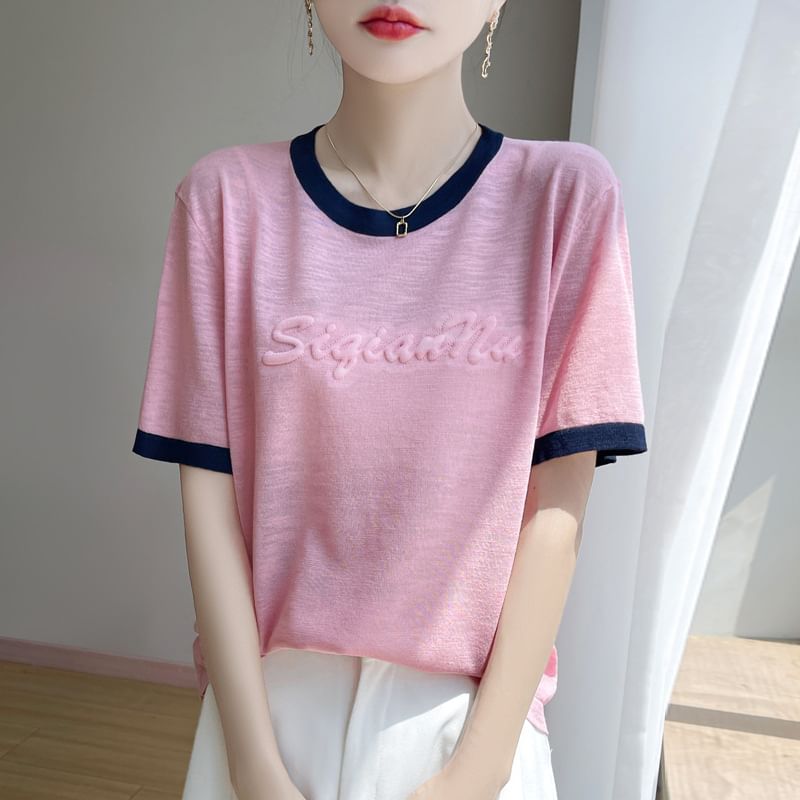 Short-Sleeve Round Neck Lettering Contrast Trim Knit Top