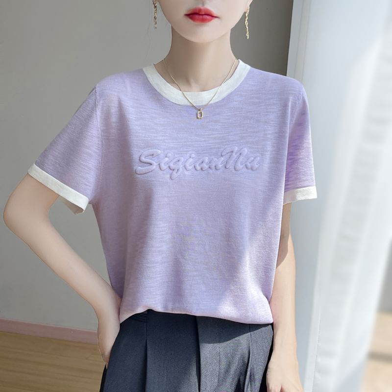 Short-Sleeve Round Neck Lettering Contrast Trim Knit Top