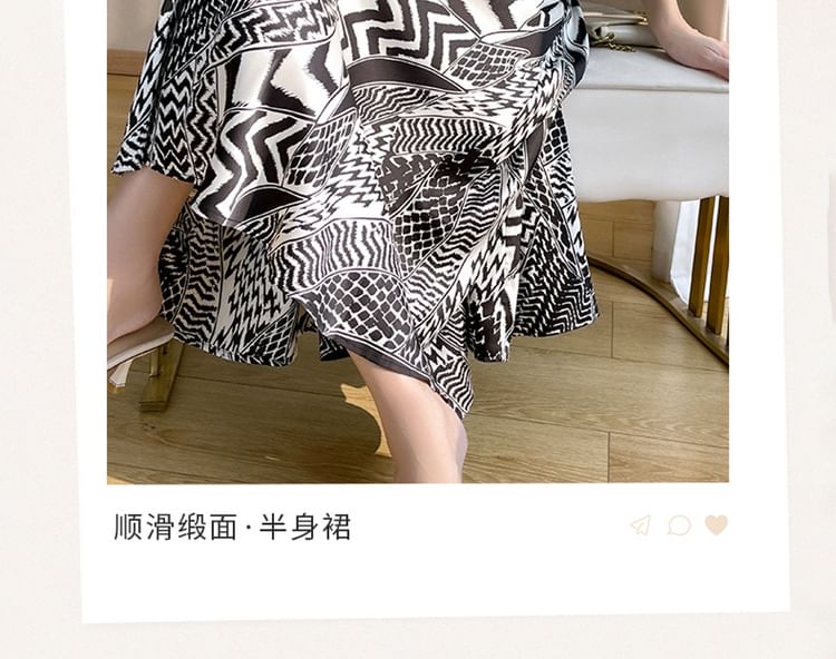 High Waist Patterned Satin Midi A-Line Skirt