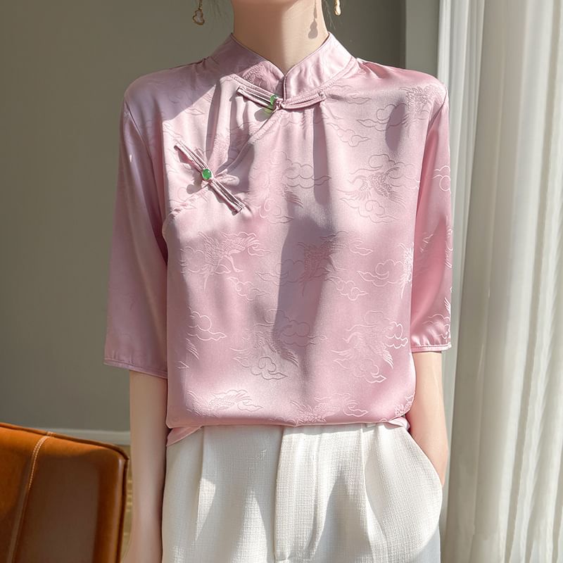 3/4-Sleeve Stand Collar Jacquard Frog Buttoned Satin Blouse