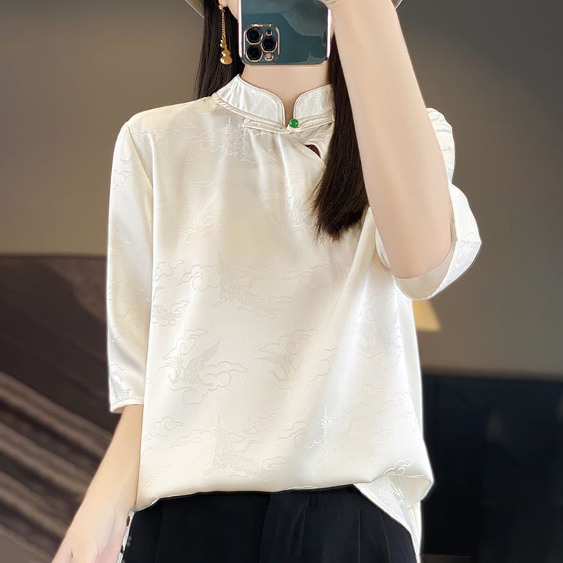 3/4-Sleeve Stand Collar Jacquard Frog Buttoned Satin Blouse