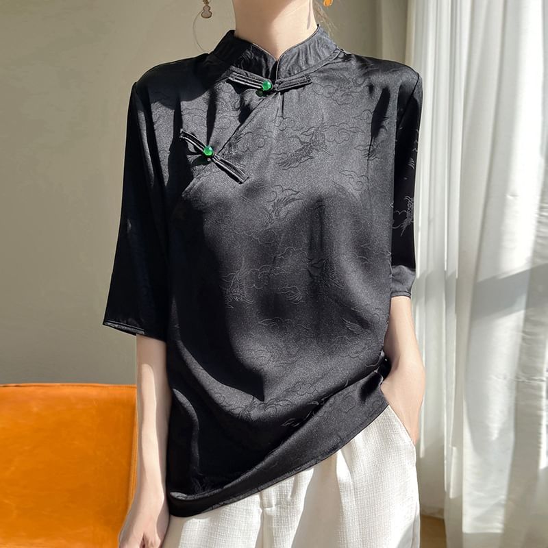 3/4-Sleeve Stand Collar Jacquard Frog Buttoned Satin Blouse