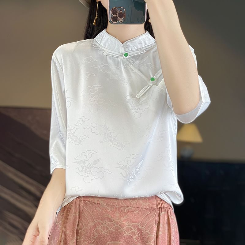 3/4-Sleeve Stand Collar Jacquard Frog Buttoned Satin Blouse