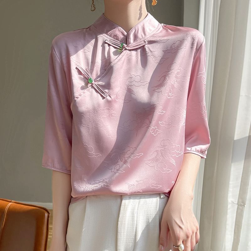 3/4-Sleeve Stand Collar Jacquard Frog Buttoned Satin Blouse