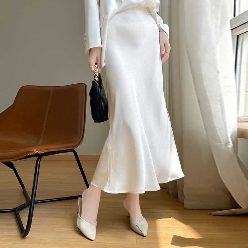 High Waist Plain Satin Midi A-Line Skirt