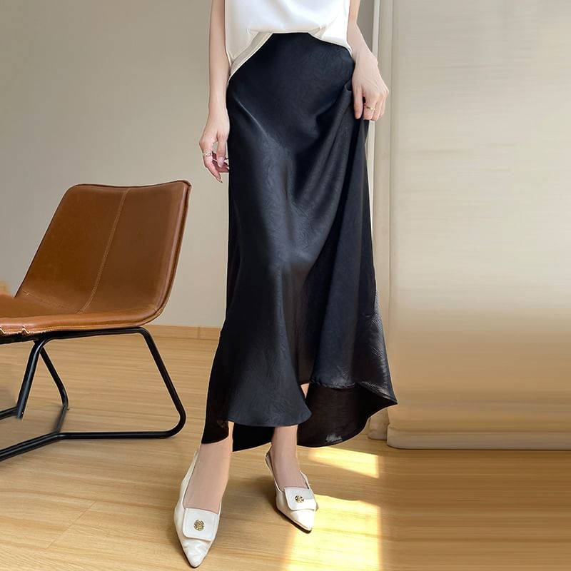 High Waist Plain Satin Midi A-Line Skirt