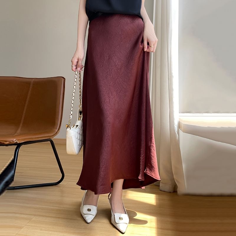 High Waist Plain Satin Midi A-Line Skirt