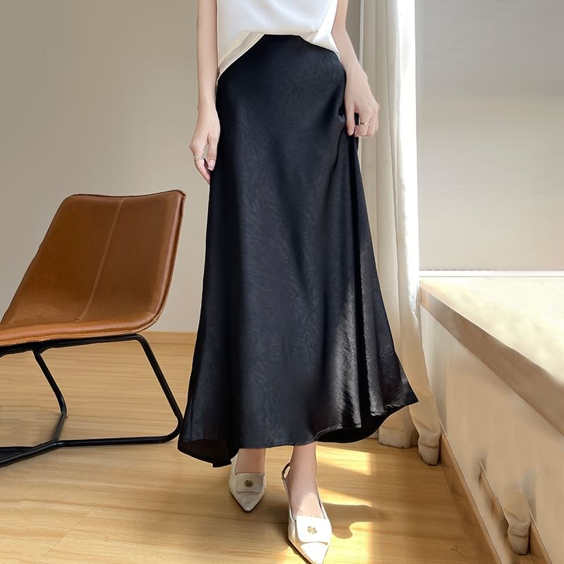 High Waist Plain Satin Midi A-Line Skirt